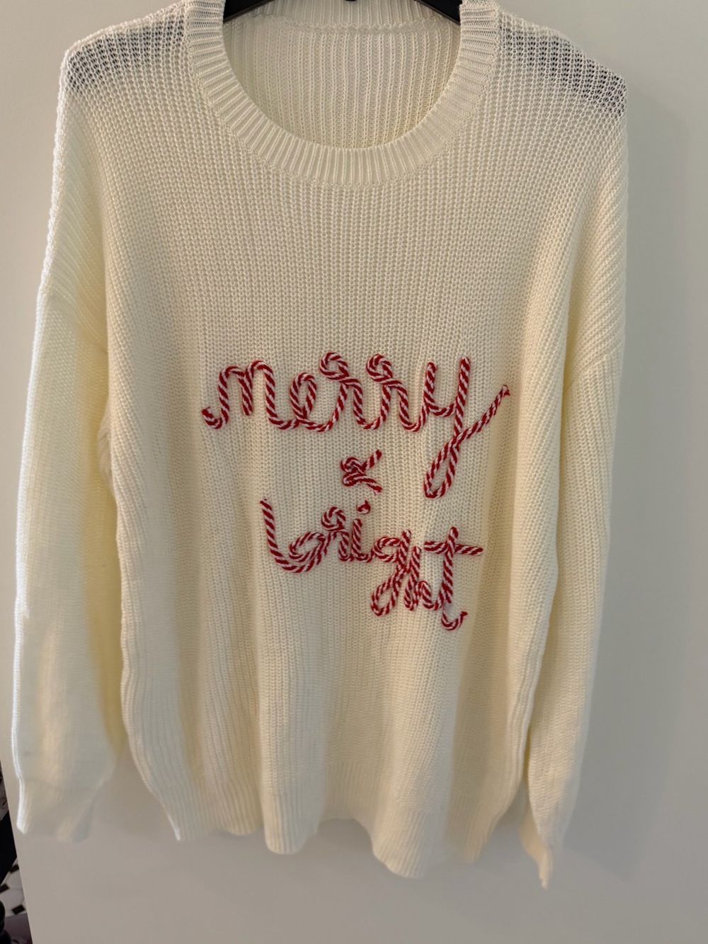 Christmas Holiday Crew Neck Sweater - Cream with Red Candy-Cane Script